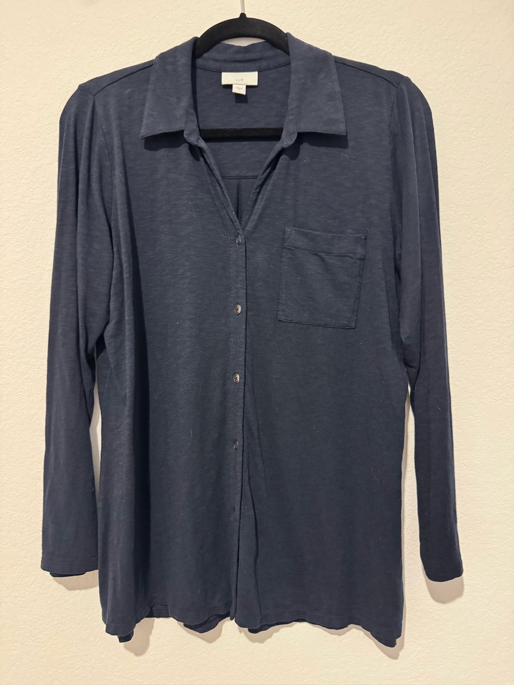 J. Jill Navy Blue Long Sleeve Button Down Jersey Knit Blouse Top